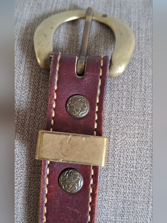 Holland  Vintage 90\' Rare Burgundy Leather Belt, Size 32, Rustic Brass Buckle. main image 12